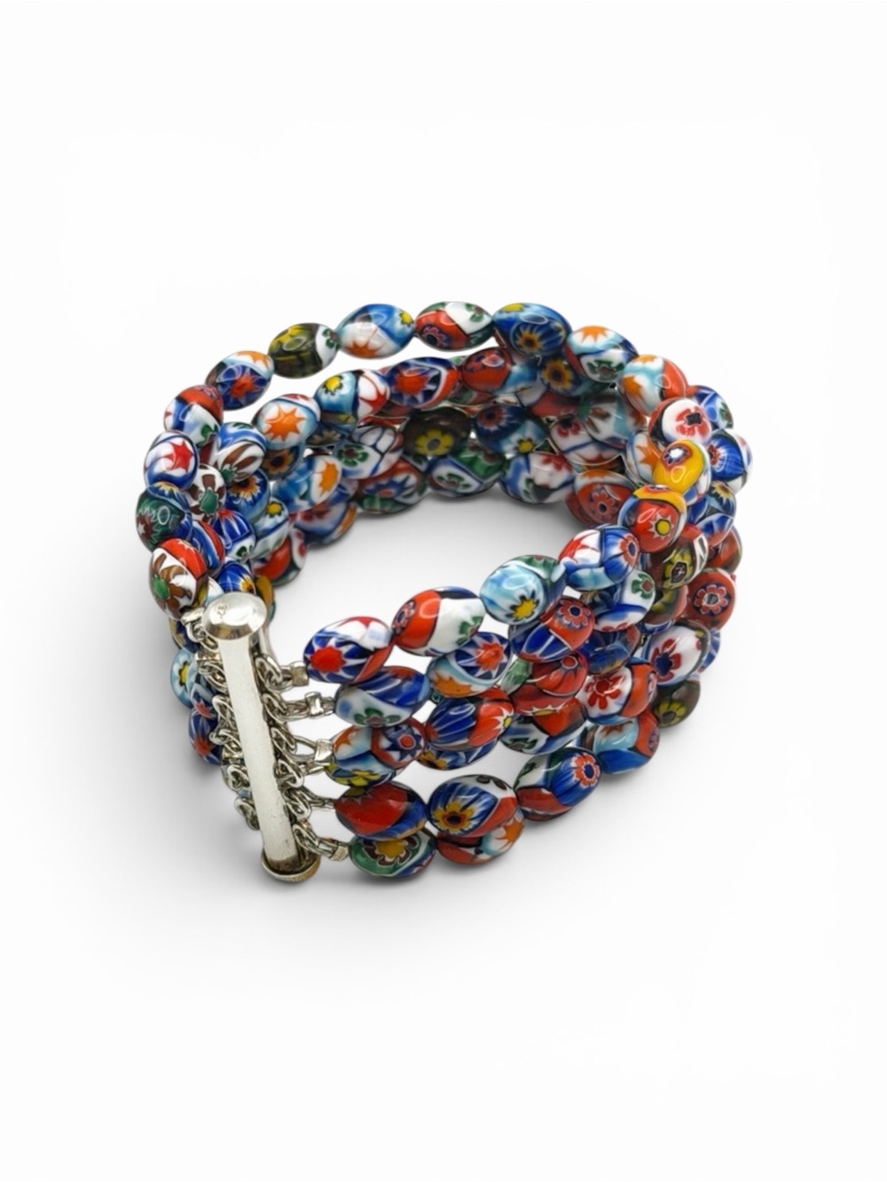 Vintage Murano Millefiori Glass Multi-Strand Bracelet 925 Sterling Silver Clasp - Picture 1 of 16
